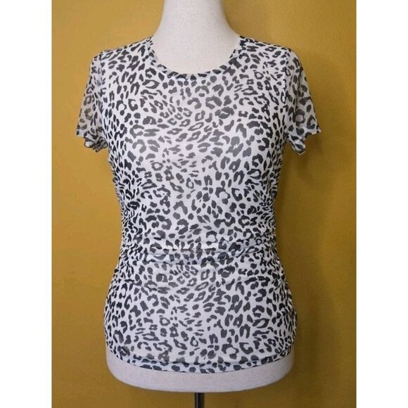 Les Serein Short Sleeve Leopard Print SS Side Rouched Tee Medium Cheetah Animal - Picture 1 of 9